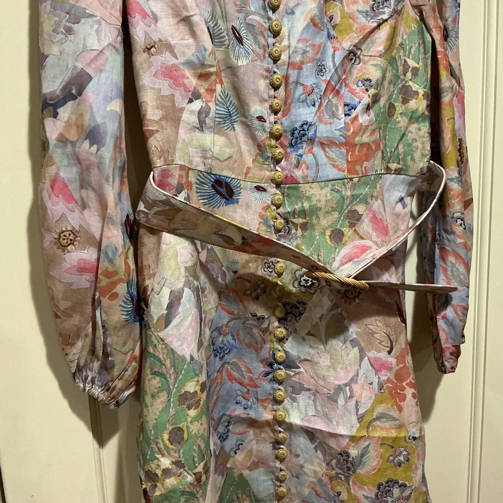 NWOT Zimmermann Belted Floral Print Linen Mini Dress Pastel Sz 3 - Picture 5 of 16